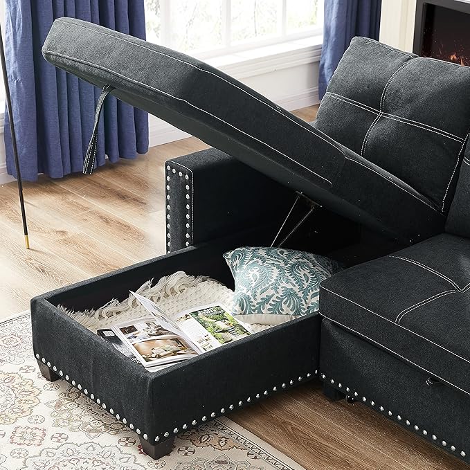 Ucloveria Reversible Sectional Sofa Couch Sleeper Sofa Bed with Storage Chaise Pull Out Couch Bed for Living Room L-Shape Lounge 2 in 1 Sectional Couch with Pull Out Bed Black