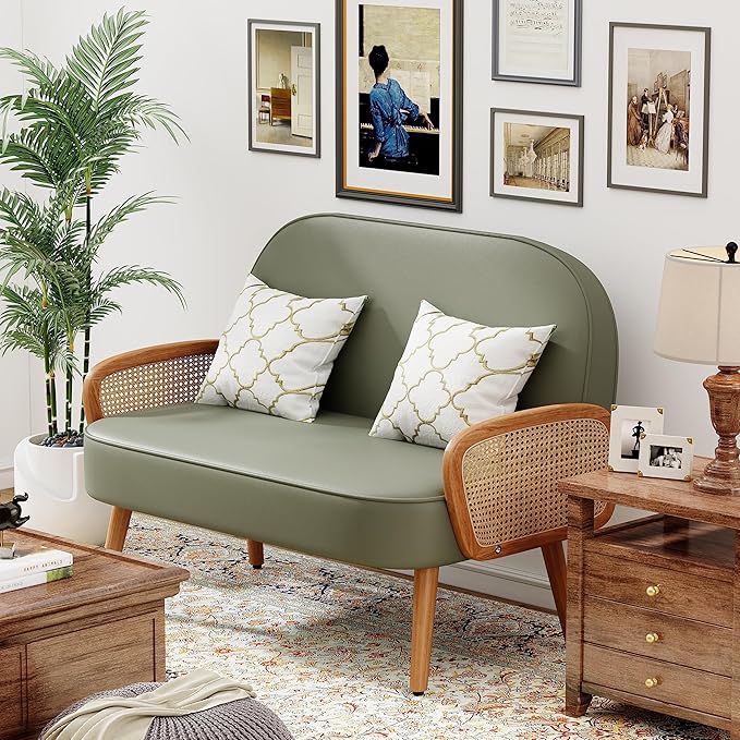 Aklaus 45 W Faux Leather Small loveseat with Natural Rattan ArmsUpholstered Modern Mini Sofa Couch Love Seat Settee Bench with Back for Living Room Bedroom Office Small Space Entryway Green