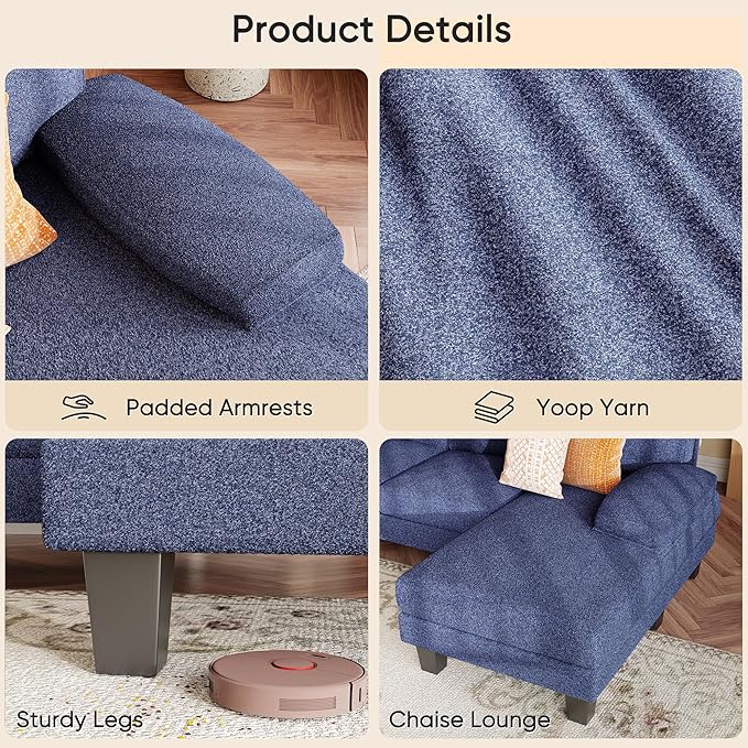 YESHOMY Sectional Couch for Living Room Modern Cloud Couch with Deep Seat and Chaise U-Shaped Sofa Couches with Padded Armrest for Small Apartment (Loop Yarn Blue)