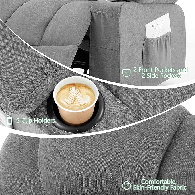 Manual Recliner Chair Rocker Recliner with Vibration Massage &amp Heat Ergonomic Reclining Fabric Living Room Chairs for Bedroom Nursery Single Sofa with 4 Pockets 2 Cup Holders Grey