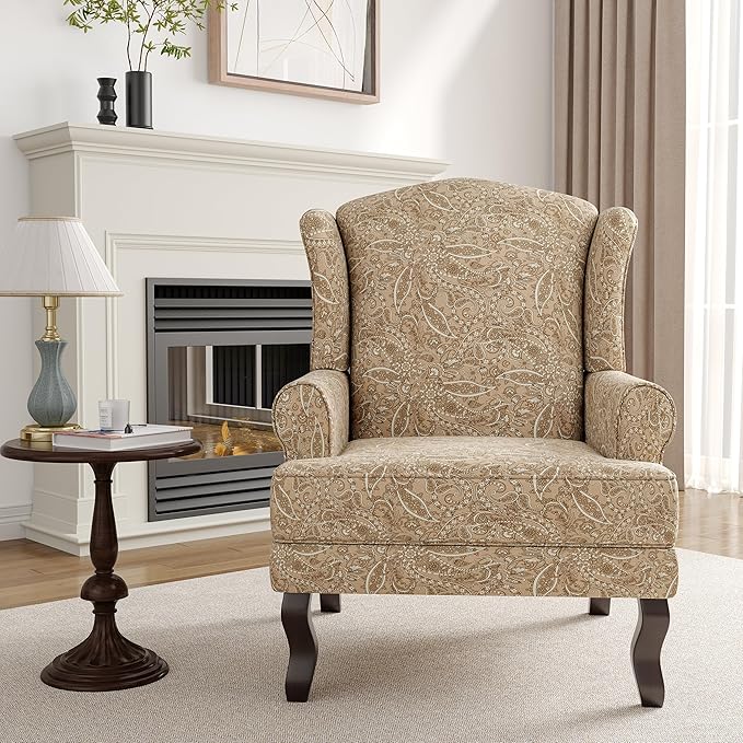 High Back Accent Chairs Set of 2 Comfy Upholstered Fabric Armchair for Living Room Mid Century Modern Club Accent Chair with Solid Wood Legs Single Sofa Reading Chair for Bedroom Paisley Brown