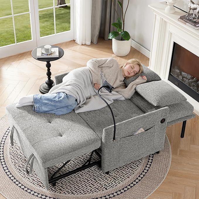 Sleeper Loveseat with USB and Type-C Ports 3 in 1 Convertible Sofa Bed with Phone Holder Pull Out Sofa Bed Loveseat Sleeper Sofa for Living Room Adjustable Backrest Side Pockets Light Grey