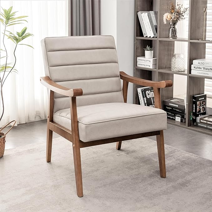 Unique Mid Century Modern Accent Chair with Open-Framed Armchair Design Plush Foam Cushioning and Leather-Look Microfiber Seat and Back Cushions Beige