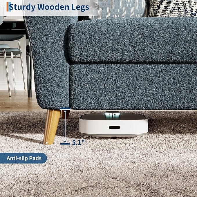 IDEALHOUSE 84 Inch Modern Sofa Couch Large 3-Seater Sofa with Streamlined Armrests Boucle Loveseat Wood Feet Comfy Couch for Living Room Apartment Lounge Dark Blue