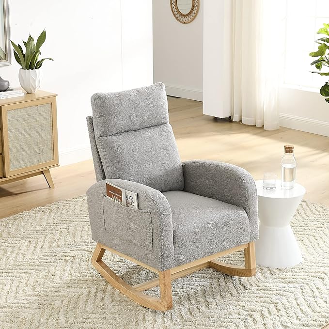 Modern Accent High Backrest Rocking Chair 27.6 W with Two Side Pockets for Storage Ideal for Living Room