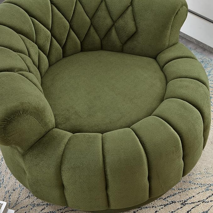 Merax 360 Swivel Accent Chair Sofa Modern Comfort Oversized Round Seat with Luxurious Chenille Fabric Channel Tufted Back Thick Cushion for Living Room Bedroom Green