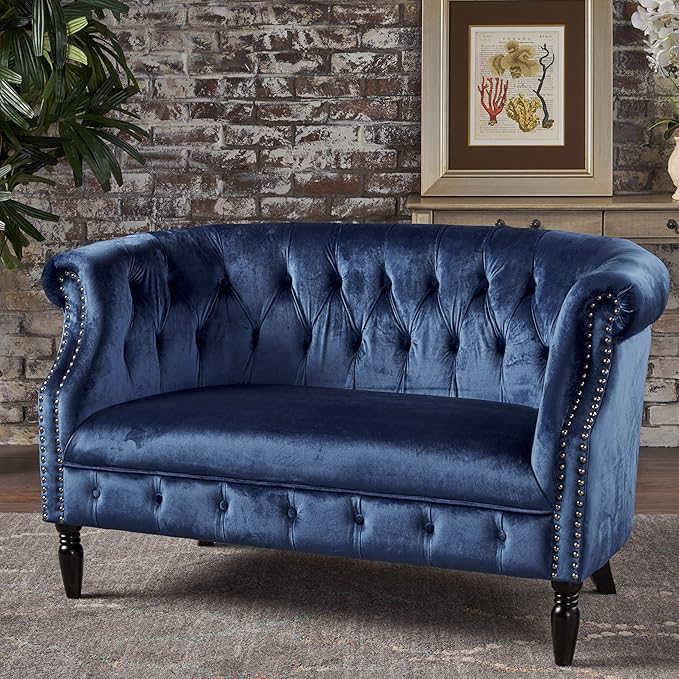 Christopher Knight Home Milani Tufted Scroll Arm Velvet Loveseat Navy Blue / Dark Brown