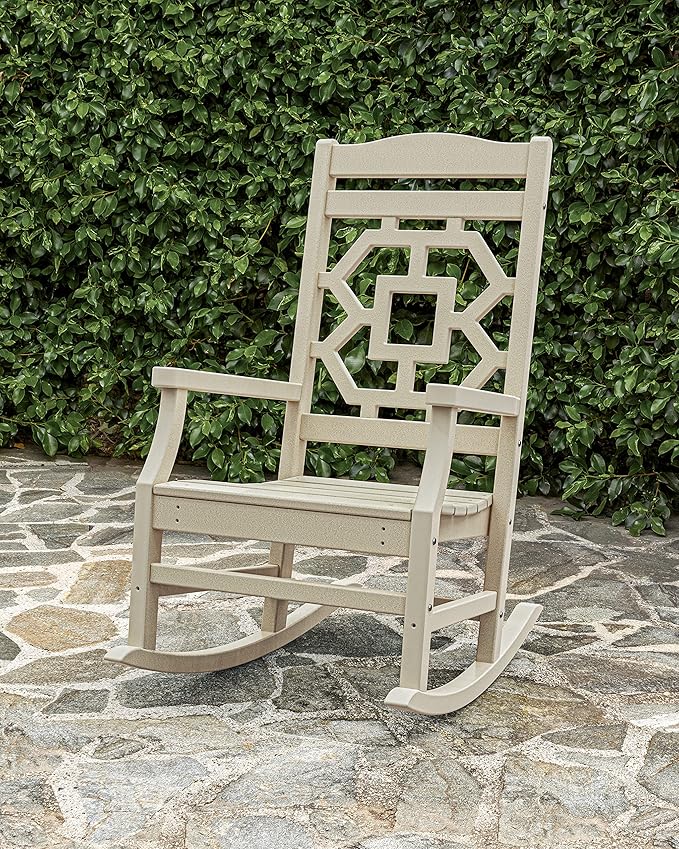 Martha Stewart by POLYWOOD Chinoiserie Outdoor Rocking Chair Black Durable HDPE All-Weather Patio Furniture with Decorative Lattice Classic Porch Rocker for Deck Garden &amp Backyard Made in the