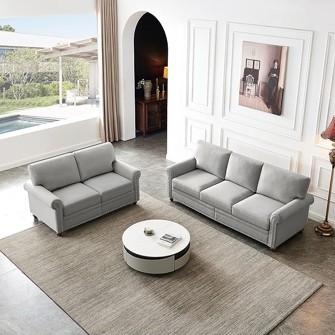 Sofa Set of 2 2+3 Seats Living Room Sofa Set: Loveseat and Three-Seat Sofa Chesterfield Style Nailhead Trim Rolled Arms 2 Piece for Apartment Office Grey