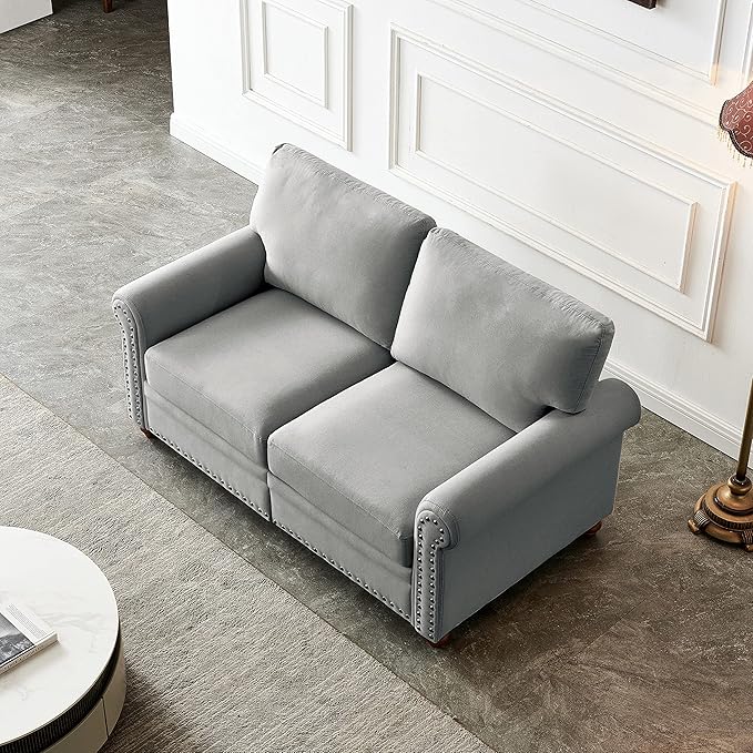 59.5 Loveseat Couch Sofa with Storage for Living Room Small Fabric Chesterfield Style Nailhead Trim Rolled Arms for Small Spaces Apartment Dorm Love Seat Grey