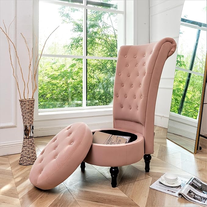 Royal High-Back Velvet Accent Chair for Vanity with Storage and Luxurious Upholstery Retro Design and Versatile Usage for Living Room Bedroom Lounge and Office Rose