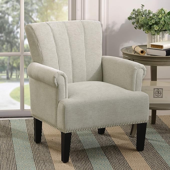Mid-Century Modern Accent Chair Accent Rivet Tufted Polyester Armchair Upholstered Chairs Single Sofa Chairs Armchair Club Chair with Rivet Tufted Scroll Arm for Living Room (Cream * 9)