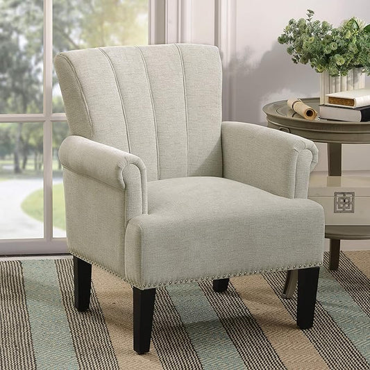 Mid-Century Modern Accent Chair Accent Rivet Tufted Polyester Armchair Upholstered Chairs Single Sofa Chairs Armchair Club Chair with Rivet Tufted Scroll Arm for Living Room (Cream * 9)