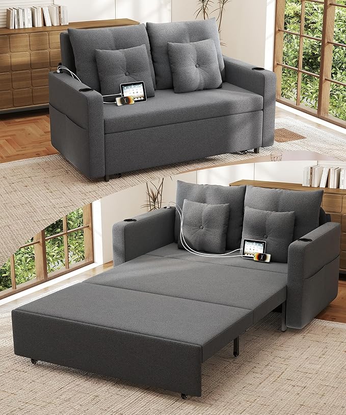 3 in 1 Sofa Bed 56 Inch Convertible Pull Out Couch Loveseat Sleeper Sofa with Cup Holders USB Sofa Couches for Living Room Bedroom Apartment Light Grey