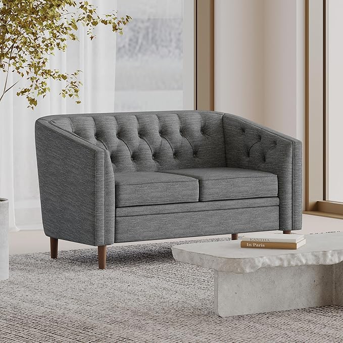 Charcoal Fabric Loveseat Tub-Shaped 2-Seater Sofa with Button-Tufted Stitch Contemporary Living Room Furniture with Birch Wood Legs Cozy Lounge Chair
