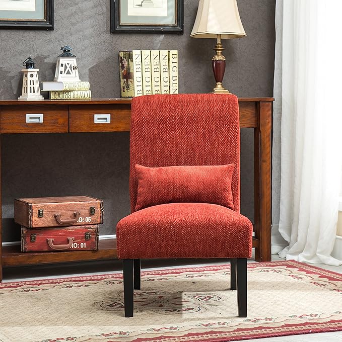 Roundhill Furniture Red Pisano Chenille Fabric Armless Contemporary Accent Chair with Matching Kidney Pillow