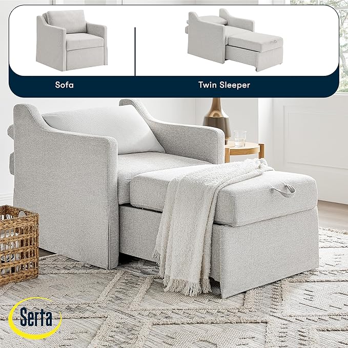 Serta Hawthorne 35 Slipcovered Convertible Accent Chair Cot Size Dreamcoil Comfort Finger Guard Protection Polyester Tweed Fabric Linen