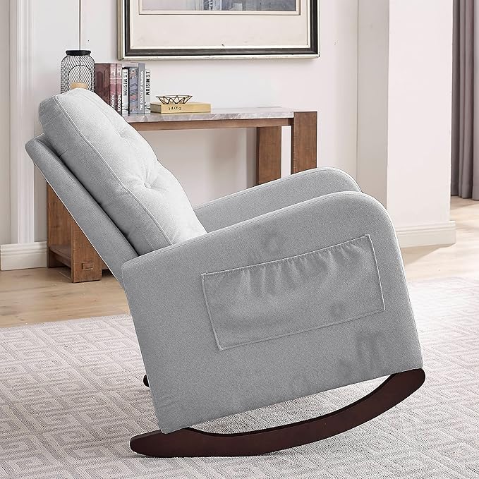 25.6 W Modern Accent High Backrest Living Room Lounge Arm Rocking Chair Two Side Pocket
