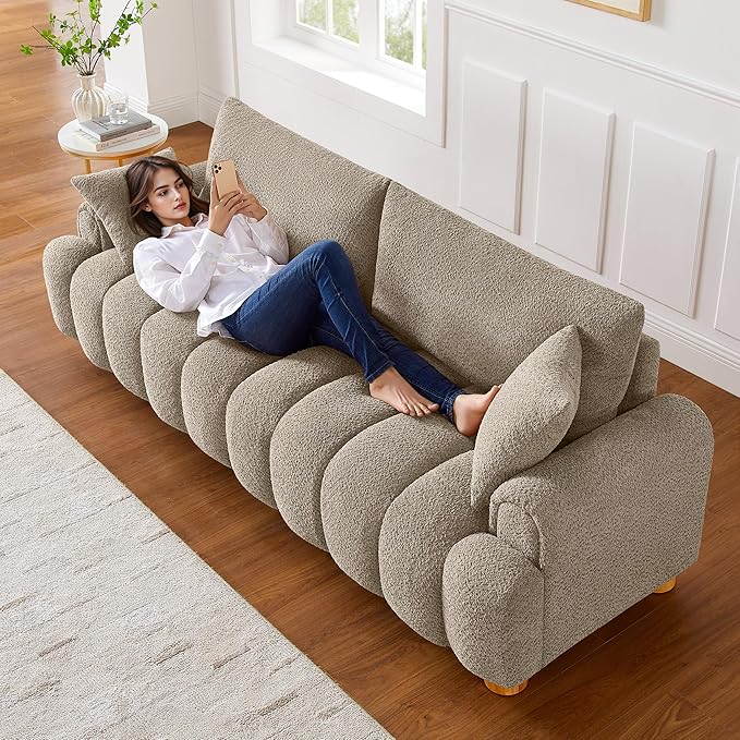 VANOMi Boucle Sofa Couch 91 Comfy Tufted Upholstered Cloud Couches Modern 3 Seater Sofa with Pillows Oversized Deep Seat Sherpa Couch for Living Room Bedroom Apartment (Camel Color)