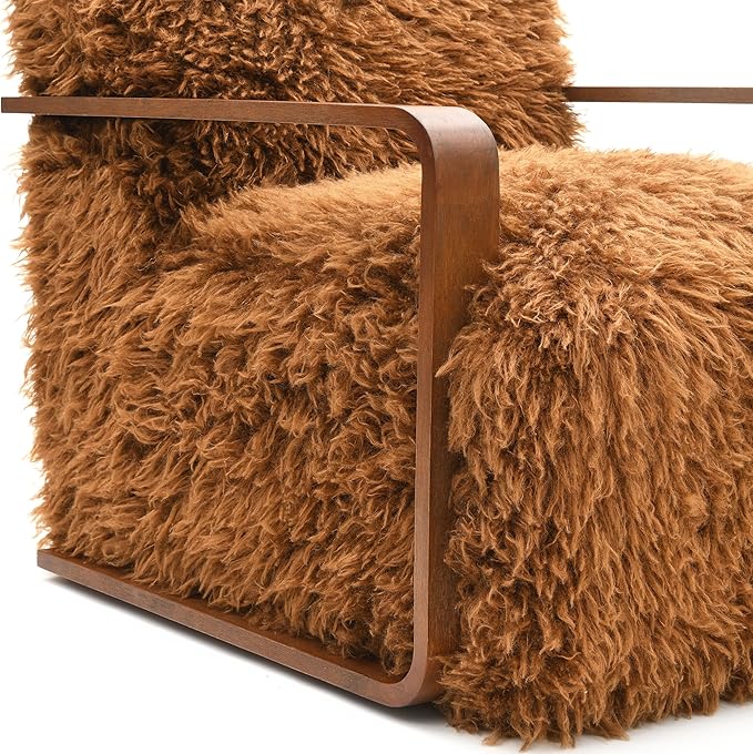 Furniture of America Ramos Modern Lounge Chair with Ultra Soft Faux Fur Long-Haired Accent Sofa Tight Seat and Back Single Couch Fluffy Living Room Seating No Assembly Needed Camel Brown