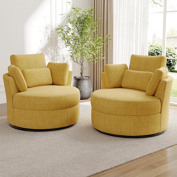 Swivel Accent Barrel Chairs with Storage Ottoman Chaise Lounge Indoor with Removable Headrest Oversized Sofa Chair for Living Room Chenille Mustard