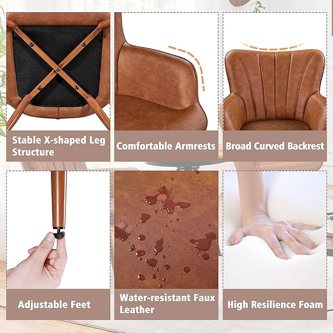 Topeakmart Faux Leather Accent Chair Modern Armchair with Sturdy Metal Legs for Living Room Bedroom Brown