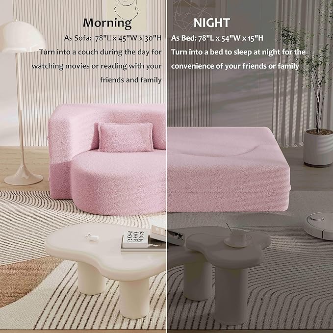 Floor Sofa Futon Cloud Couch Convertible Sofa Bed with 2 Pillows Teddy Fabric Foam-Filled Loveseat Sleeper Sofa Couches for Living Room 15 Full Size Folding Mattress No Assembly Required (Pink)
