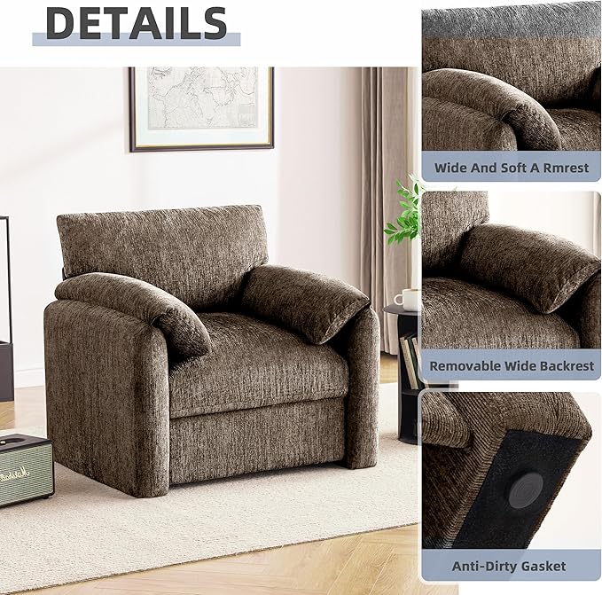 Chenille Oversized Armchair 38.6' Wide Accent Chairs for Living Room &amp Bedroom Modern Lounge Chair Upholstered Mid-Century Reading Chair (Brwon 2 Pack)