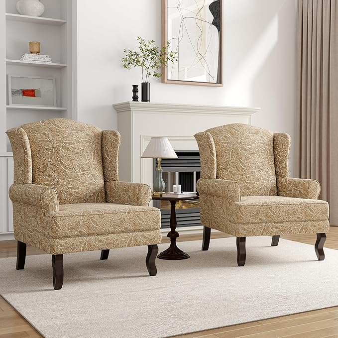 High Back Accent Chairs Set of 2 Comfy Upholstered Fabric Armchair for Living Room Mid Century Modern Club Accent Chair with Solid Wood Legs Single Sofa Reading Chair for Bedroom Paisley Brown