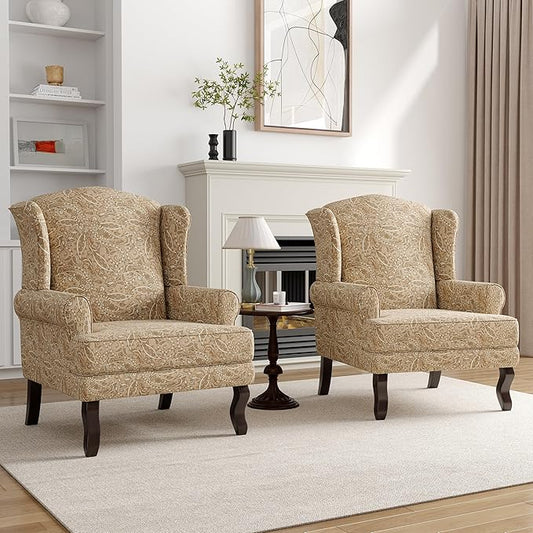 High Back Accent Chairs Set of 2 Comfy Upholstered Fabric Armchair for Living Room Mid Century Modern Club Accent Chair with Solid Wood Legs Single Sofa Reading Chair for Bedroom Paisley Brown