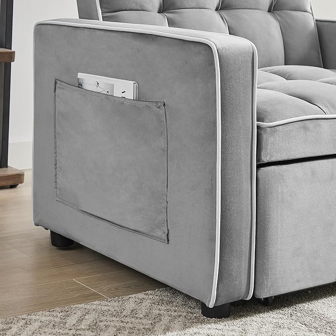 3-in-1 Futon Couch Sofa Bed Chair Convertible Sleeper Sofa with Pull-Out Bed Folding Sofa Bed with Reclining Backrest and Side Pocket Sofa Recliner Single Bed Adult Modern Chair Bed Berth (Grey)