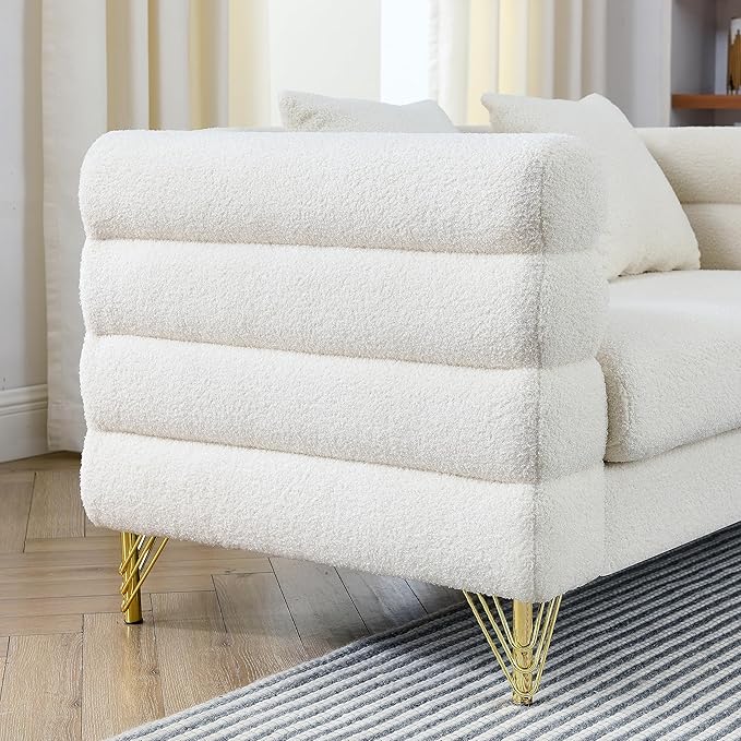 Antetek L-Shaped Sectional Couches Modern Teddy Fabric Upholstered Chaise Lounge Sofa Couch with Square Arm and 4 Golden Metal Legs for Living Room Office Ivory