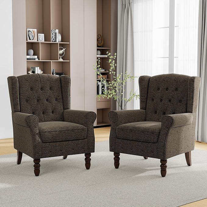 Pia Ricco High Back Floral Accent Chair - Retro Wingback Upholstered Armchair with Nailhead Trim Solid Wood Legs Fabric Living Room Bedroom Reading Chair (Taupe)