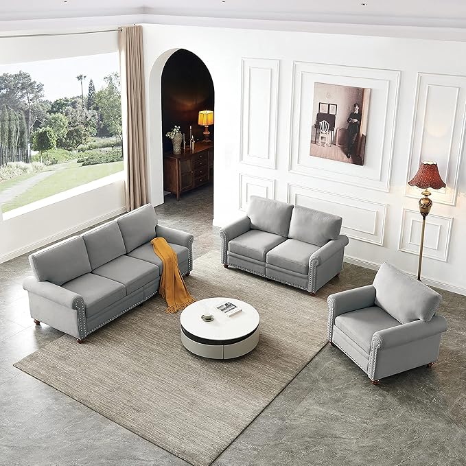 82'' Linen Fabric CouchLiving Room Furniture Sofa Set Rivet Decoration Sectional Sofa Set for Living Room Apply to Office and Home(3 Seater Sofas+Loveseat+Chair) Grey