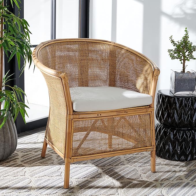 SAFAVIEH Home Collection Jessica Honey Brown Wash Rattan Accent Chair with White Cushion