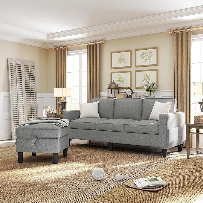 Couch for Living Room - 78'' Beige Linen 3 Seat L-Shaped Sectional Sofa Couches with Storage Ottoman - Modern Small Space Upholstered Furniture Sofa Set for Office Small Space Apartment (Grey-Linen)