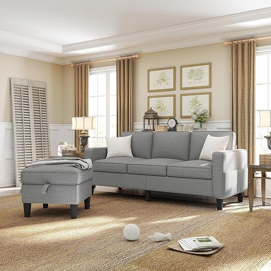 Couch for Living Room - 78'' Beige Linen 3 Seat L-Shaped Sectional Sofa Couches with Storage Ottoman - Modern Small Space Upholstered Furniture Sofa Set for Office Small Space Apartment (Grey-Linen)
