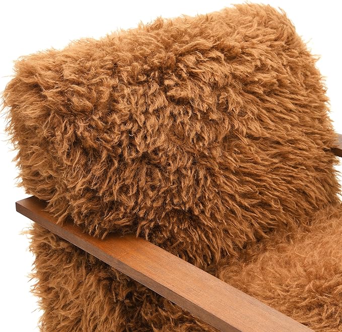 Furniture of America Ramos Modern Lounge Chair with Ultra Soft Faux Fur Long-Haired Accent Sofa Tight Seat and Back Single Couch Fluffy Living Room Seating No Assembly Needed Camel Brown