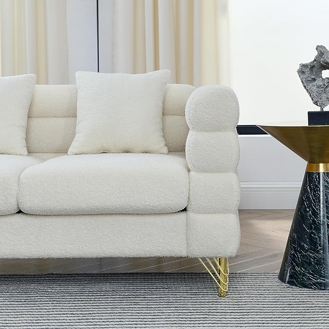 60 W Teddy White Loveseat Sofa Couch with Firm Strcuture &amp Thicken Sponge Comfy Love Seat Couches Sleeper for Living Room Bedroom Small Spaces Mid-Century Modern Furniture