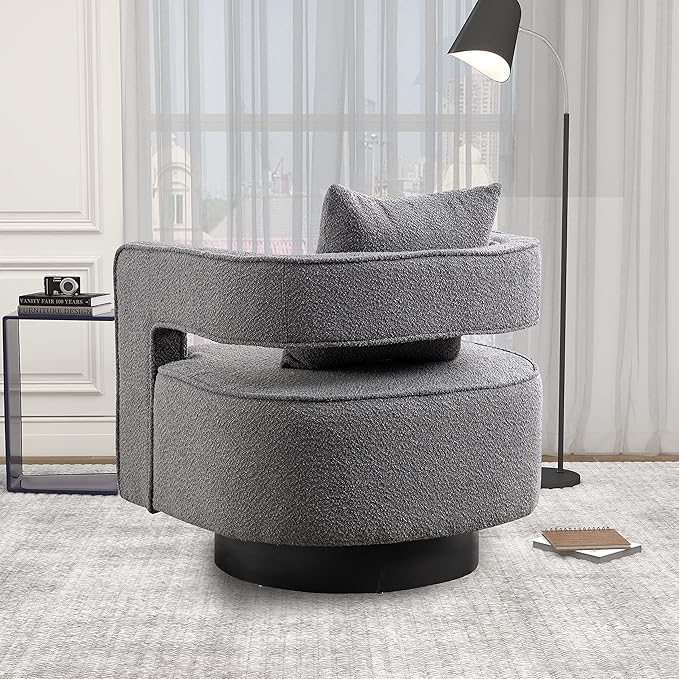 29.0 W Swivel Accent Open Back Chair Modern Comfy Sofa Chair with Black Base for Nursery Bedroom Living Room Hotel Office Club Chair Leisure Arm Chair for Lounge (Gray Boucle)