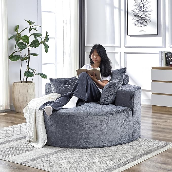 55''W Oversized Round Chair with PillowsComfy Chenille Single ChairOversized Accent Chair with Deep Seat Modern Large Reading Chairs for Living Room &amp Bedroom (Grey)