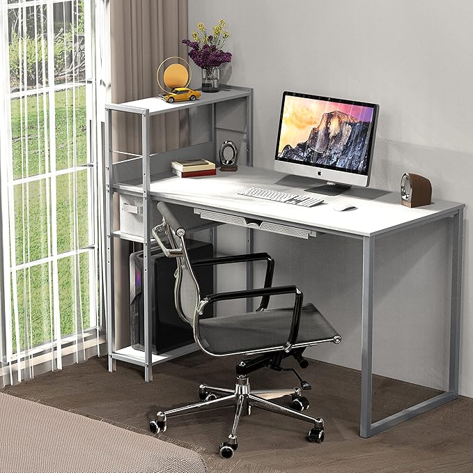 SHW 46-Inch Home Office Mission Computer Desk with Side Shelf and Drawer White