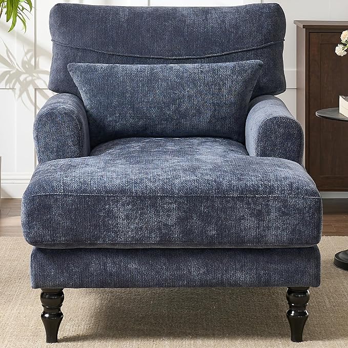 KEIKI Chaise Lounge Chair Indoor Modern Leisure Sleeper Sofa Chair w/Double Deep Cushion Accent Upholstered Reading Side Armchair Recliner Arm Chairs for Living Room &amp Bedroom Easy Assembly B