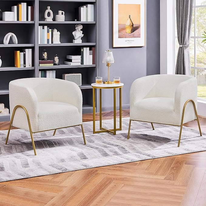 Yaheetech Accent Chair Set of 2 Armchair Set Side Chairs for Living Room Boucle Fabric Vanity Chairs with Gold Legs for Bedroom Office Reading Nook Ivory