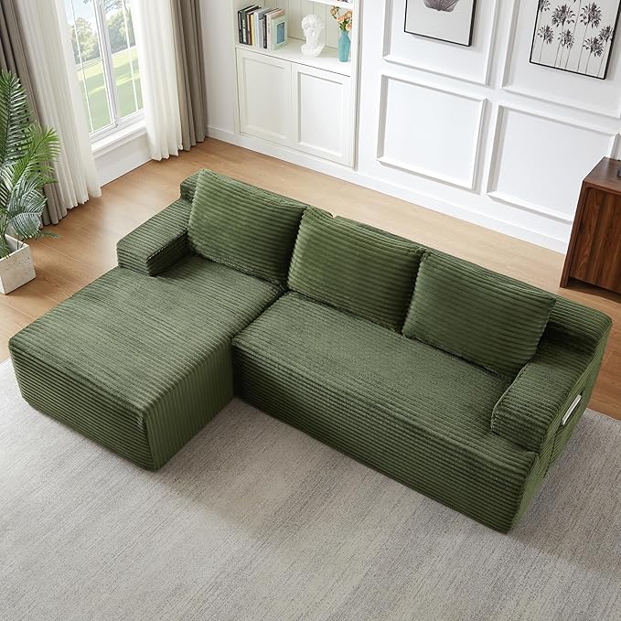 Modern Corduroy Modular Sectional Sofa96.1 Minimalist Style L-Shaped 3 Seat Couch with Side Storage PocketsComfortable Chaise Lounge for Living RoomReception AreaGreen Left Chaise Lounge