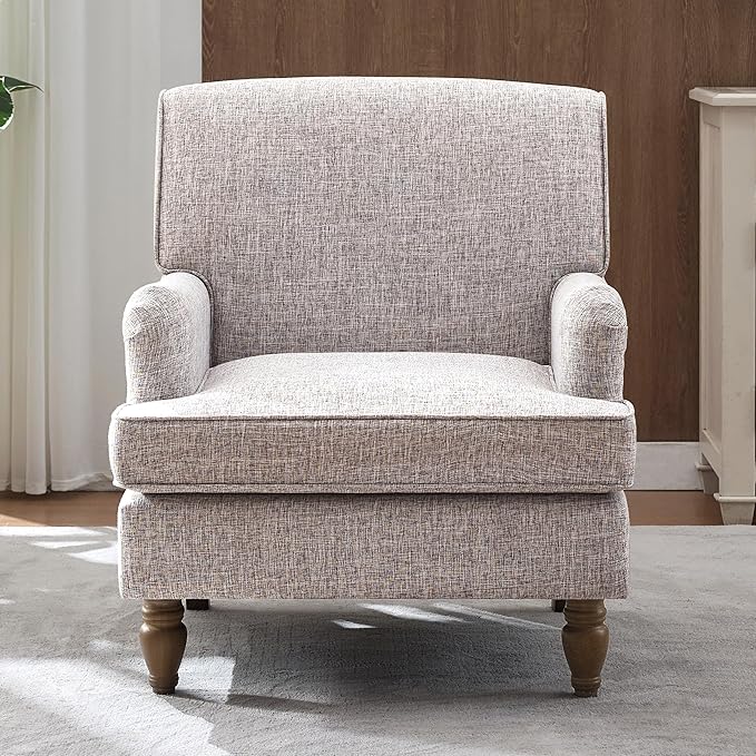 Vintage Upholstered Linen Fabric Armchair with Solid Wood Legs Accent Chair Single Sofa Chair for Living Room Office Apartment Hotel Lobby (Coffee-7.22)