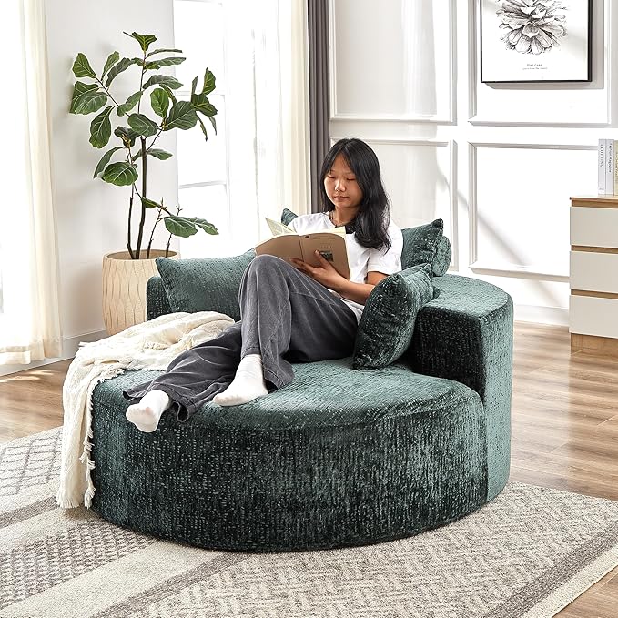 55''W Oversized Round Chair with PillowsComfy Chenille Single ChairOversized Accent Chair with Deep Seat Modern Large Reading Chairs for Living Room &amp Bedroom (Green)