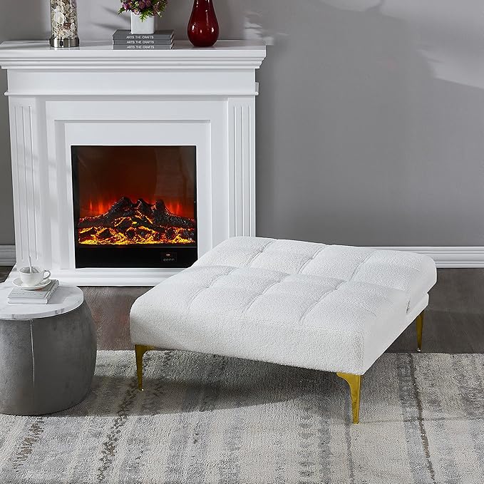 35.5 Modern Convertible Futon Sofa with Adjustable Backrest Teddy Upholstered Chaise Lounge with Tufted Design Comfy Couch Bed with Gold Metal Legs for Living Room Bedroom Apartment White Teddy