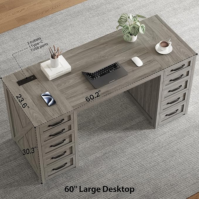 WOPITUES 60 Farmhouse Home Office Desk with 10 Wooden Drawers Rustic Computer Writing Desk with Power Outlets Large Executive Desk with Storage Cabinet for Work Study Writing Craft Gray