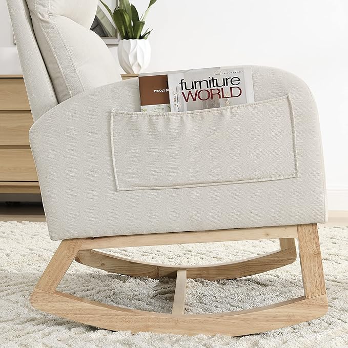 27.6 W Modern Accent High Backrest Living Room Lounge Arm Rocking Chair Two Side Pocket